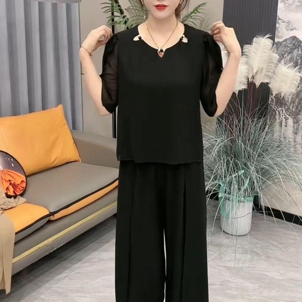 Plus Size Chiffon Summer Suit: Slimming Short-Sleeve Top & Wide-Leg Pants Set