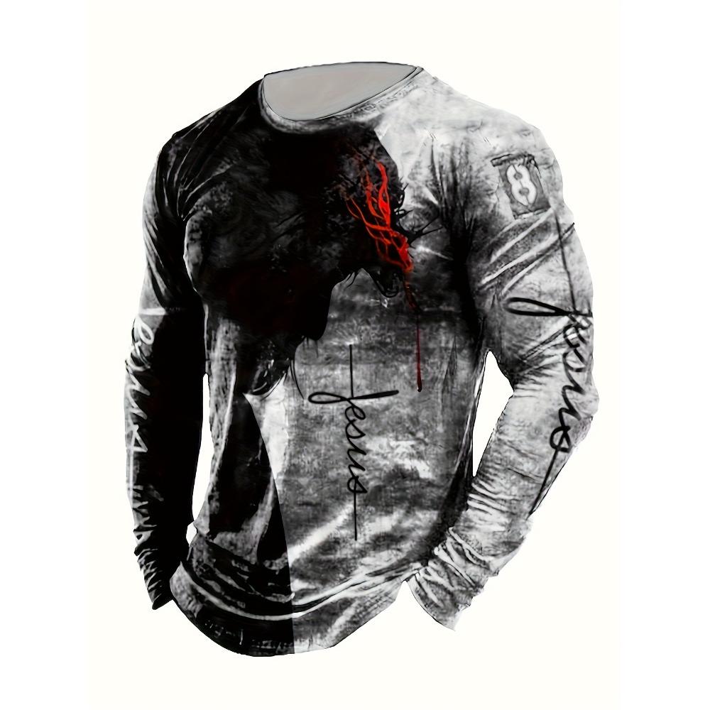 

Classic Cross And Letter Print Men s Creative Long Sleeve Crew Neck T-shirt For Spring Fall, Gift For Men XL