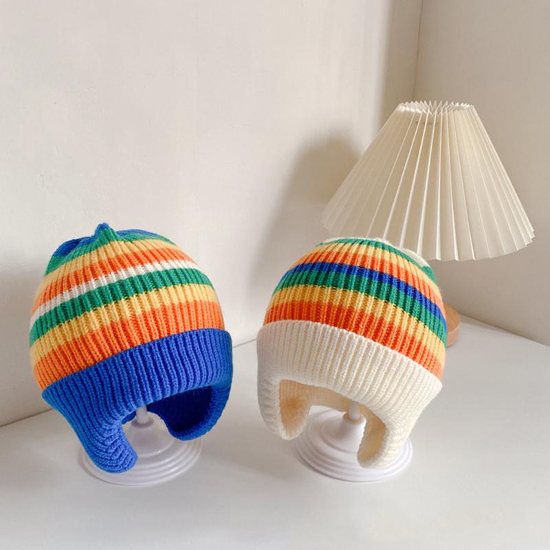 Winter Baby Knitted Hat Korean Striped Rainbow Children's Hats Toddlers Colorful Children's Warm Ear Protection Hats for Boys and Girls.