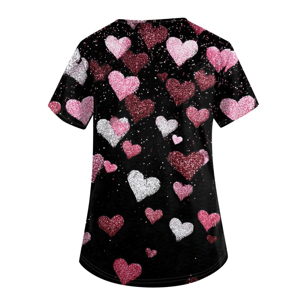 Women's V,neck Valentine's Day Printed Short,sleeved Pocket Side,slit Protective Suit Top