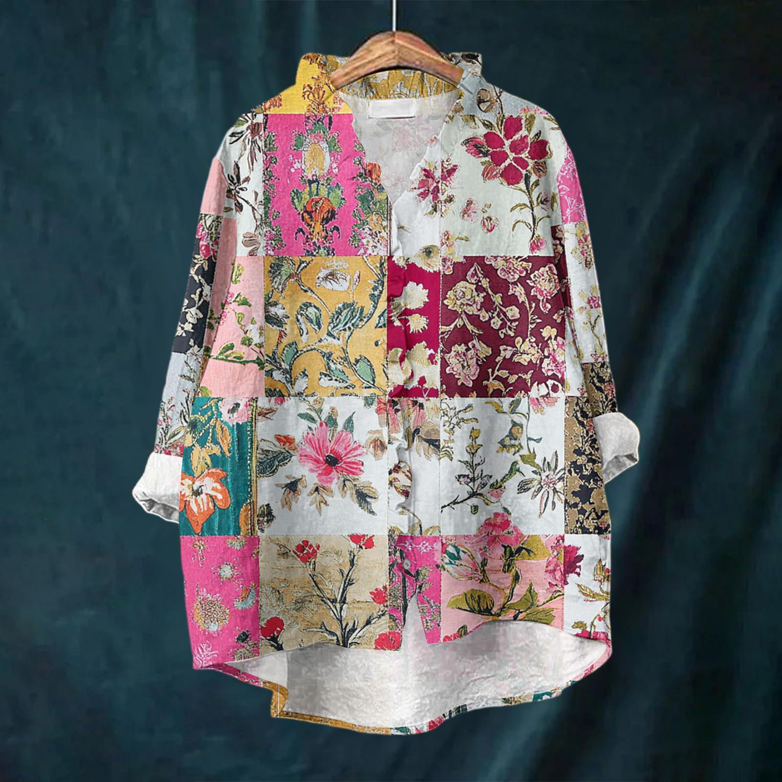 

Женский свободный топ с оборками, цветочным принтом, воротником-стойкой и длинными рукавами из хлопка и льна M белый