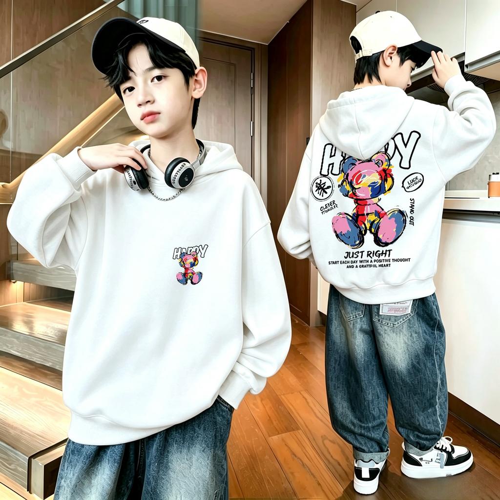 Y2K street fashion children's hooded sweatshirt with retro punk graffiti bear pattern, large-sized toddler warm pullover hoodie