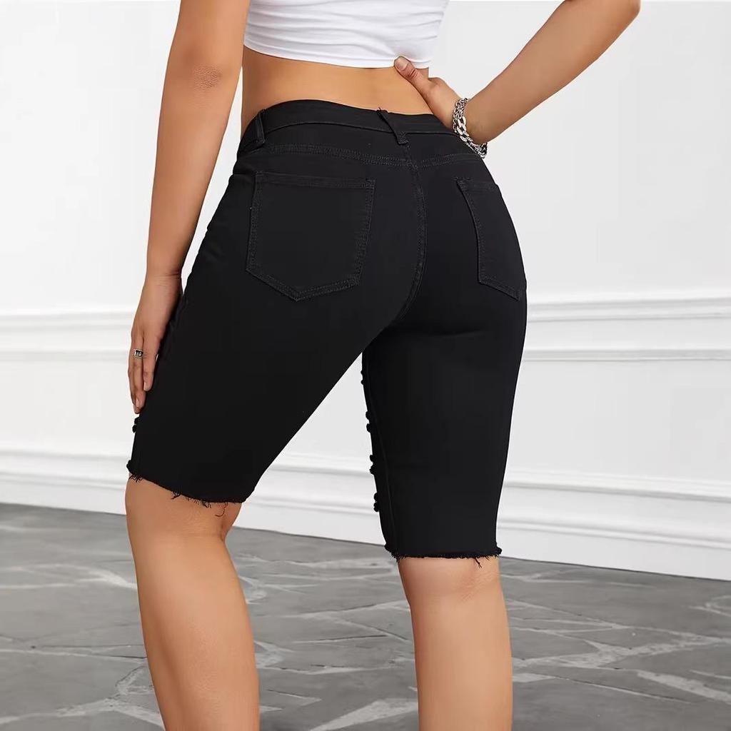 Damen Sommer Schwarze Ripped Jeansshorts mit roher Kante
