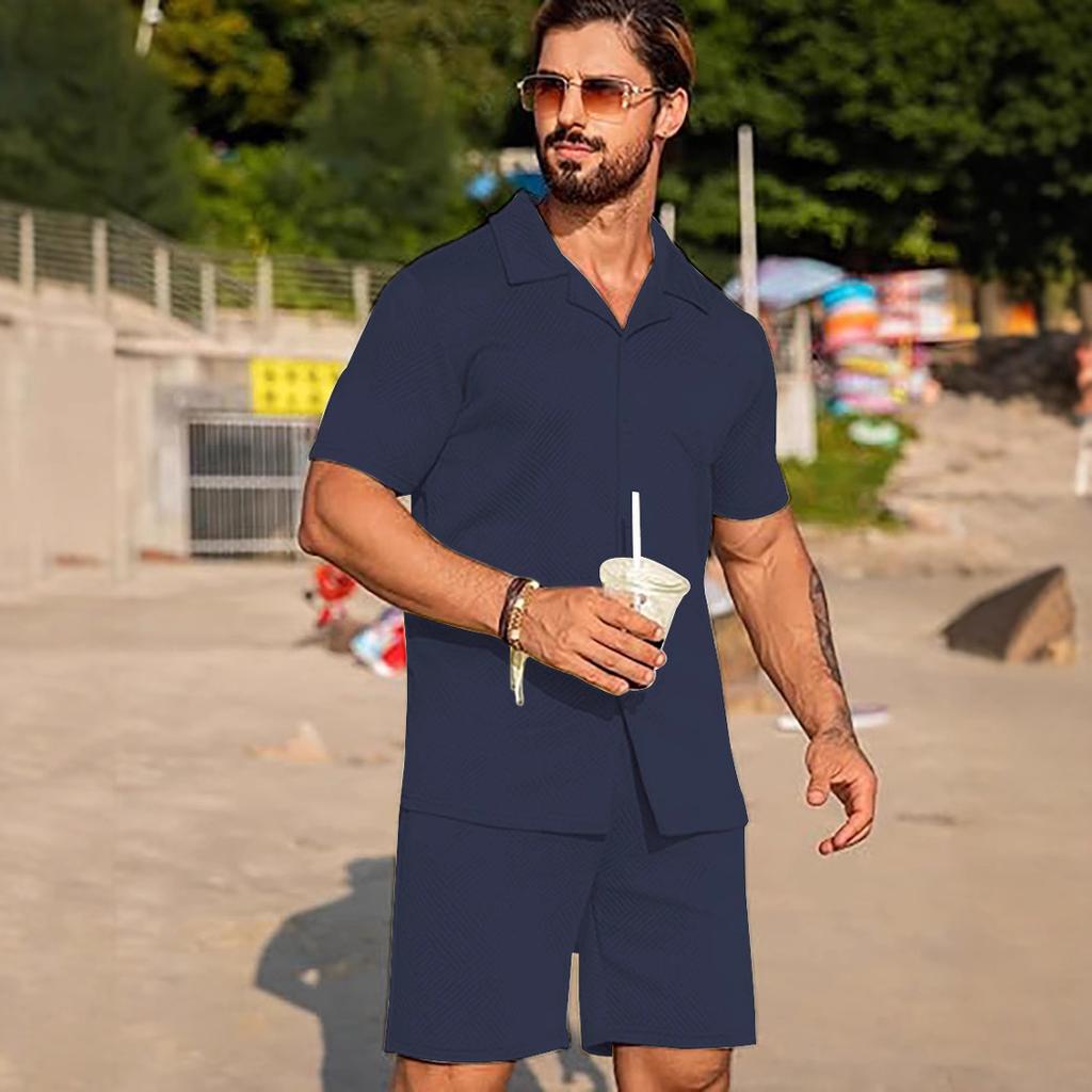 Men's Summer Casual Texture Beach Short-sleeved Knitted Sweater Buckle and Shorts Set
