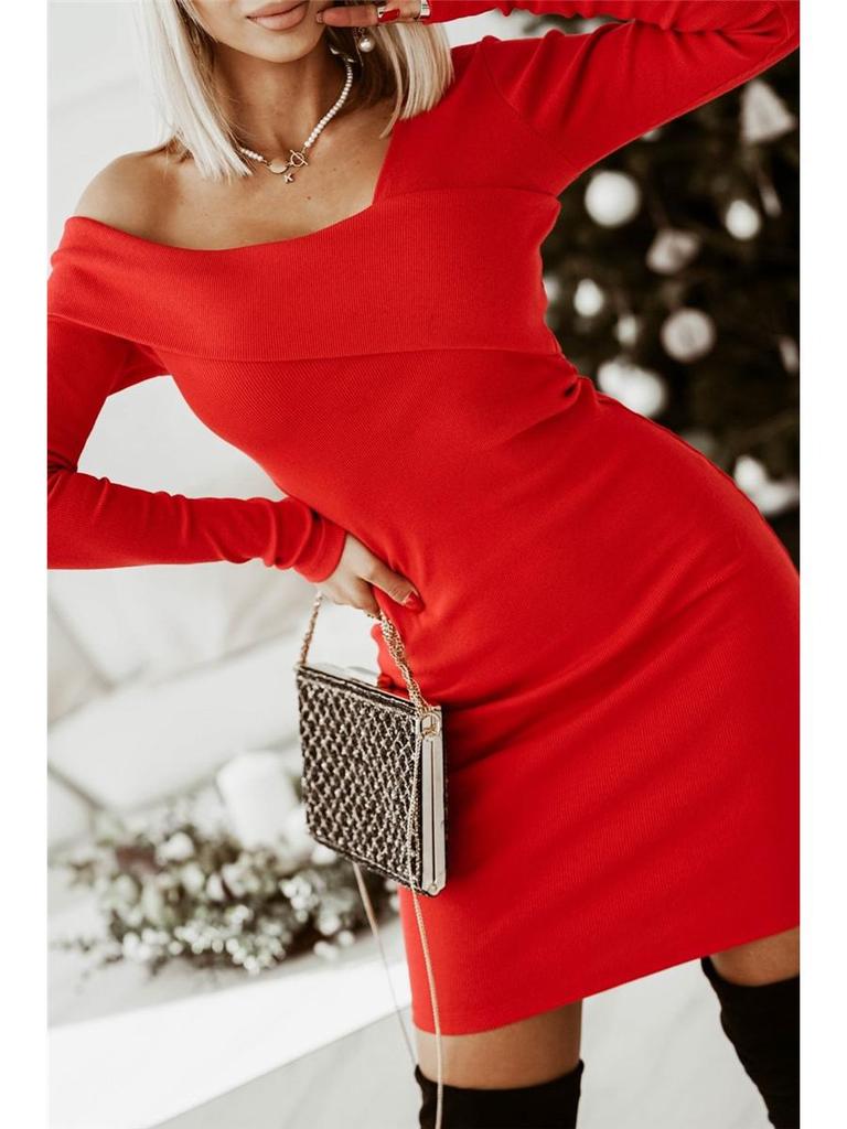 2024 Autumn/Winter European and American Women's Solid Color V-neck Dress