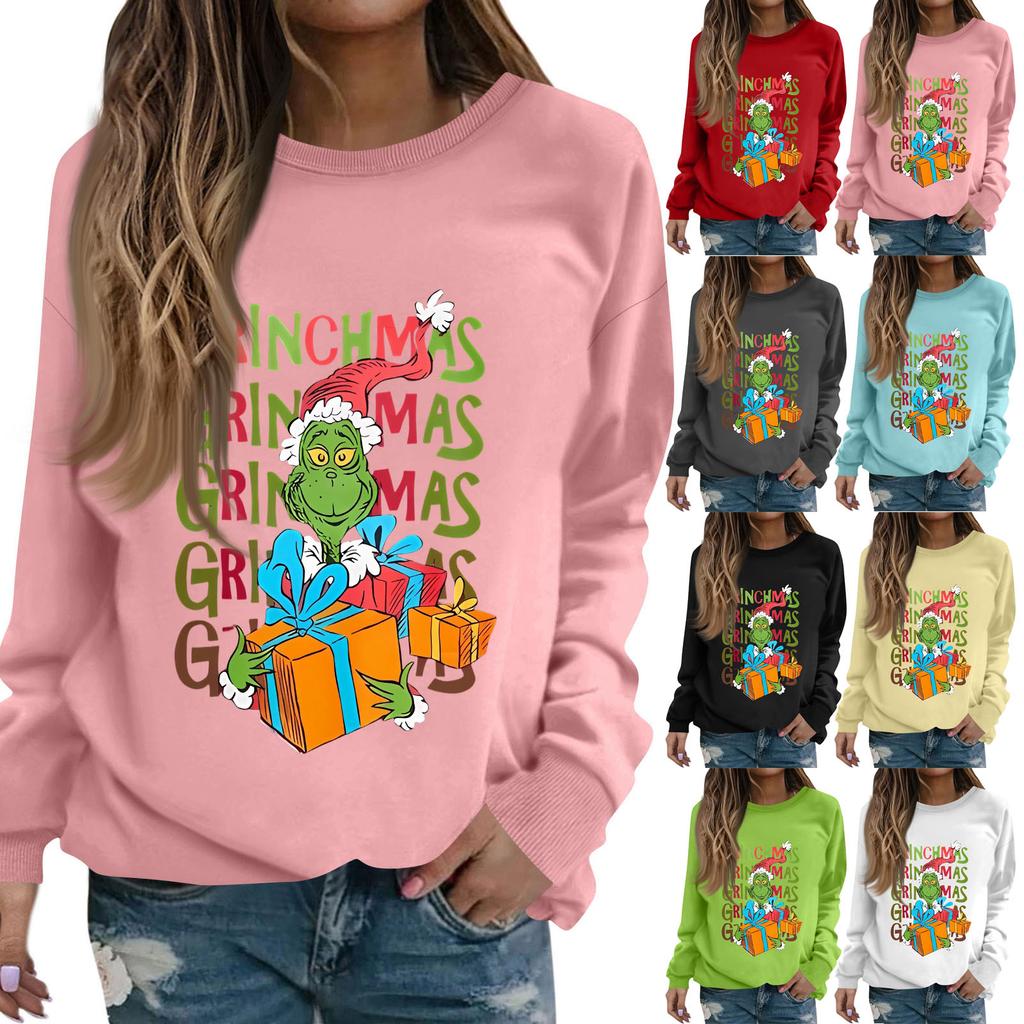 Women's Fashion Casual Long Sleeve Solid Color Christmas Printed Round Neck Top Sweatshirt