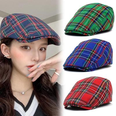 Cotton Plaid Beret Cap Short Brim Women Artist Hat Simple British Forward Hat  School