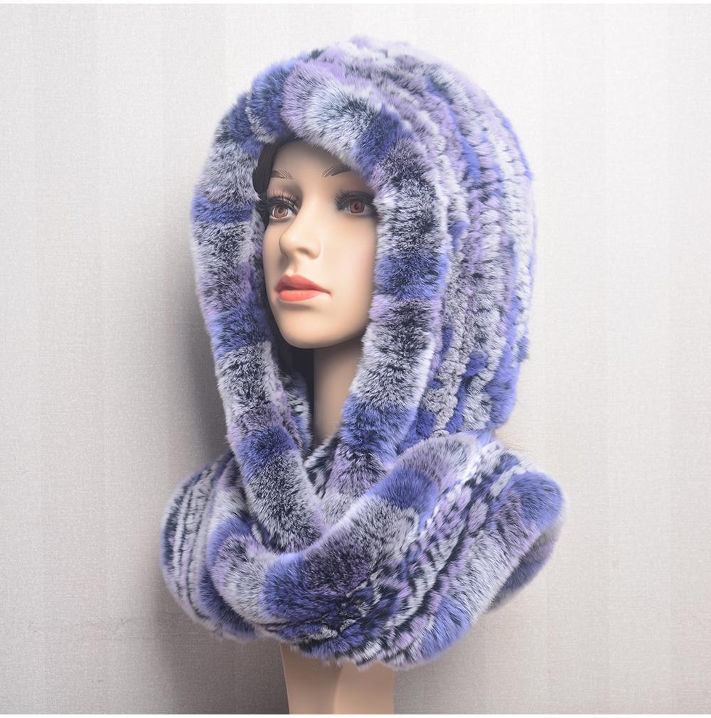 Hot Sale New Women Real Knitted Rex Rabbit Fur Hat Hooded Scarf Long Winter Warm Fur Hat With Neck Collar Scarves Hat Scarf