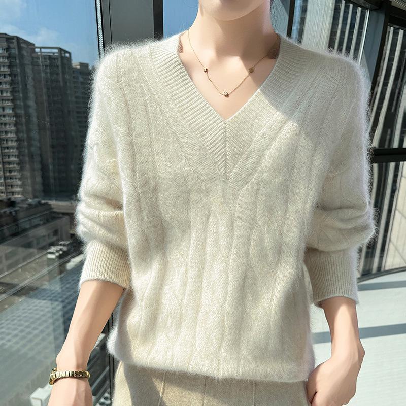 Lekasha 100% Cashmere V-Neck Loose Knit Sweater for Women - Solid Color Winter Base Layer Top