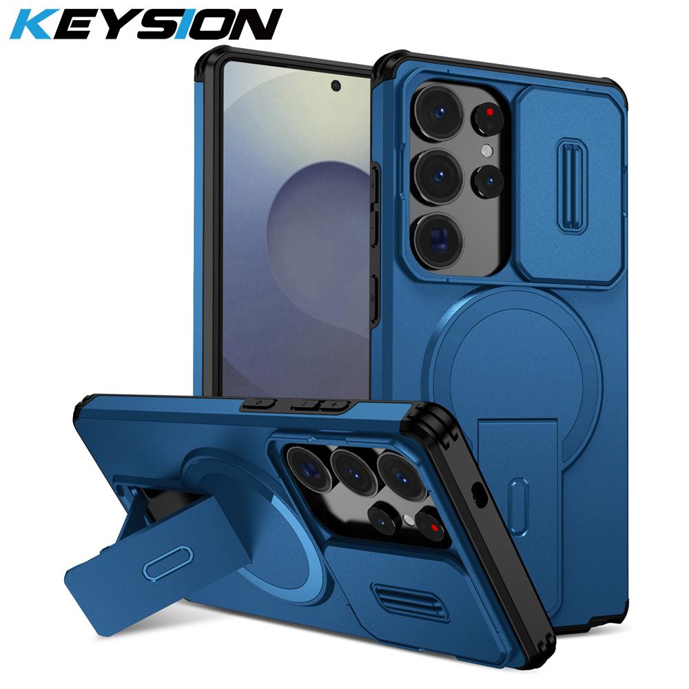KEYSION Shockproof Magnetic Case for Samsung Galaxy S24 S25 Ultra S25+ S24 FE Slide Camera Protect Kickstand Wireless Charging Phone Cover