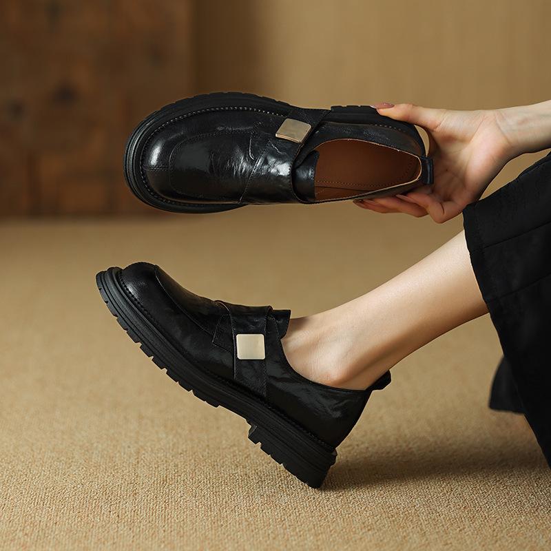 new retro British round head platform loafers hand-scratched sheepskin one-pedal single shoes women
