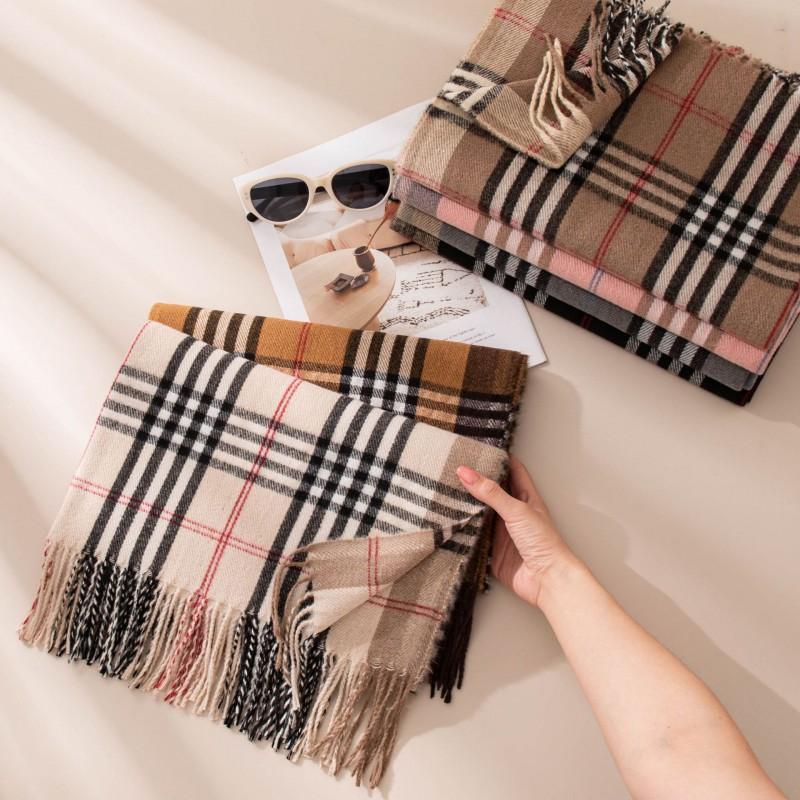 Womens Knitted Wool-Feel Scarf With Fringe Plaid Winter Warm Shawl Office Casual Wear