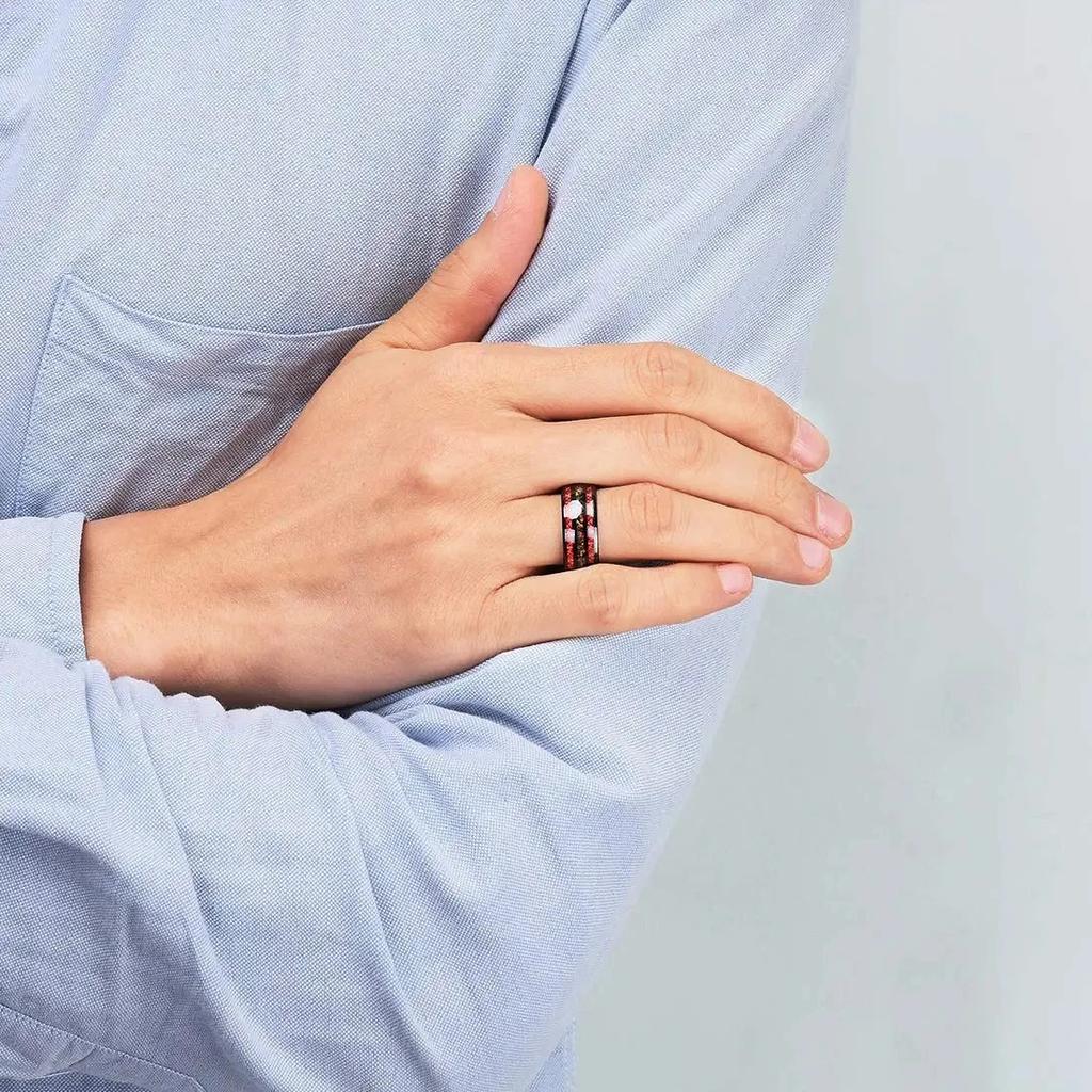 Fashion 8mm Black Stainless Steel Rings for Men Inlay Colorful Abalone Shell and Red Meteorite Rings Men Wedding Party Jewelry