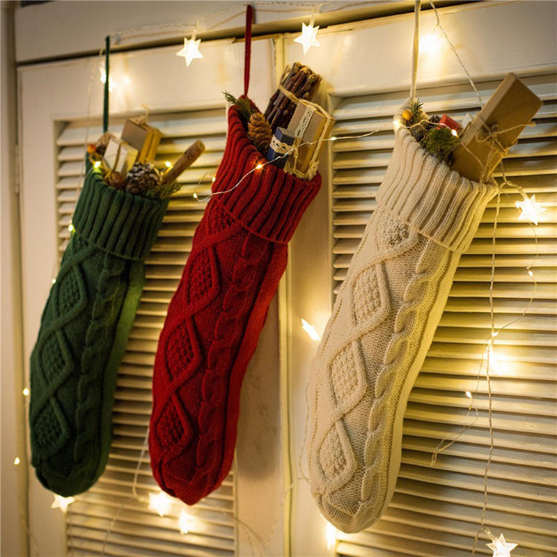 Fashion Cable Knit Christmas Stockings Solid Color Classic Hanging Gift Candy Stocking for Fireplace Xmas Tree