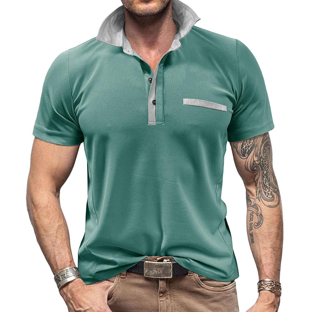 Erkek Yaz Polo Gömlek Kısa Kollu Yaka Yaka 3 Düğme Renk Engelleme T-shirt Slim Fit Casual Erkek Giyim Tops
