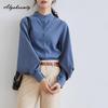 Korean Fashion Spring Autumn Women Blouse Stand Collar White Black Blue Khaki Loose Casual Shirt Lantern Sleeve Stylish Elegant Blouse
