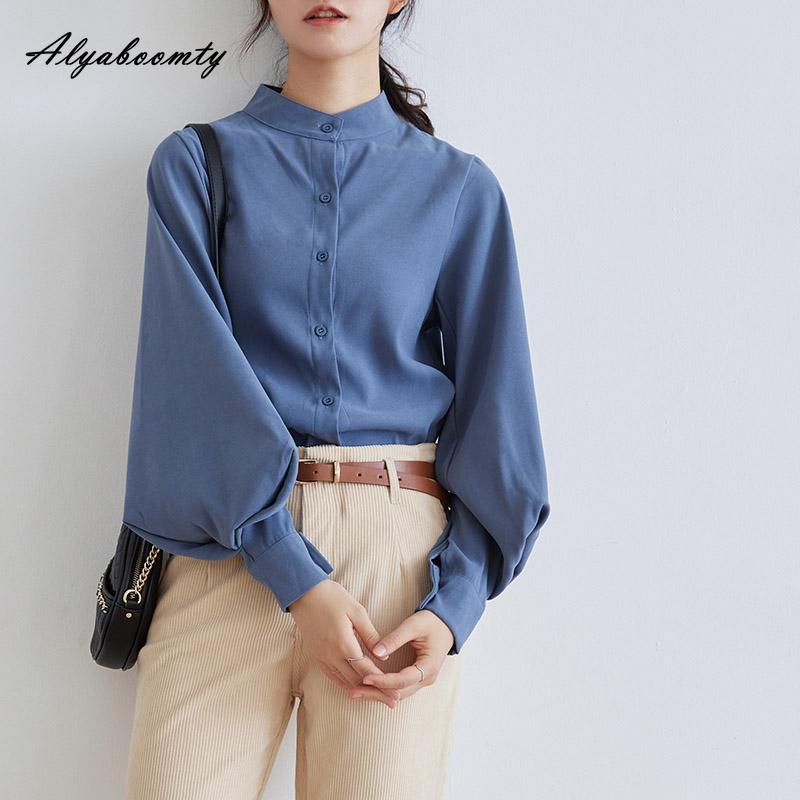 Korean Fashion Spring Autumn Women Blouse Stand Collar White Black Blue Khaki Loose Casual Shirt Lantern Sleeve Stylish Elegant Blouse