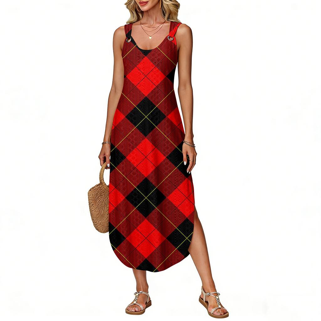 Women's Summer Long Dress, Sleeveless with Side Slits, Long Plaid Printed Vest Dress