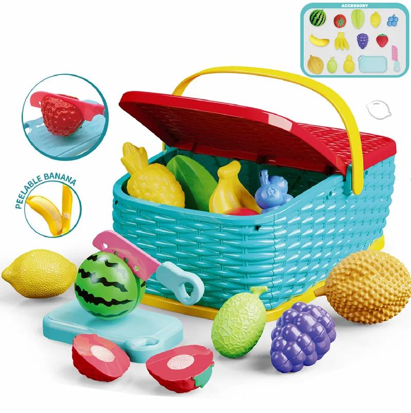 

Pretend Play Simulation Kitchen Fruit Toy Cutting Play Food Drink Toy for Kids Camping Portable Picnic Basket Play House Toy Set