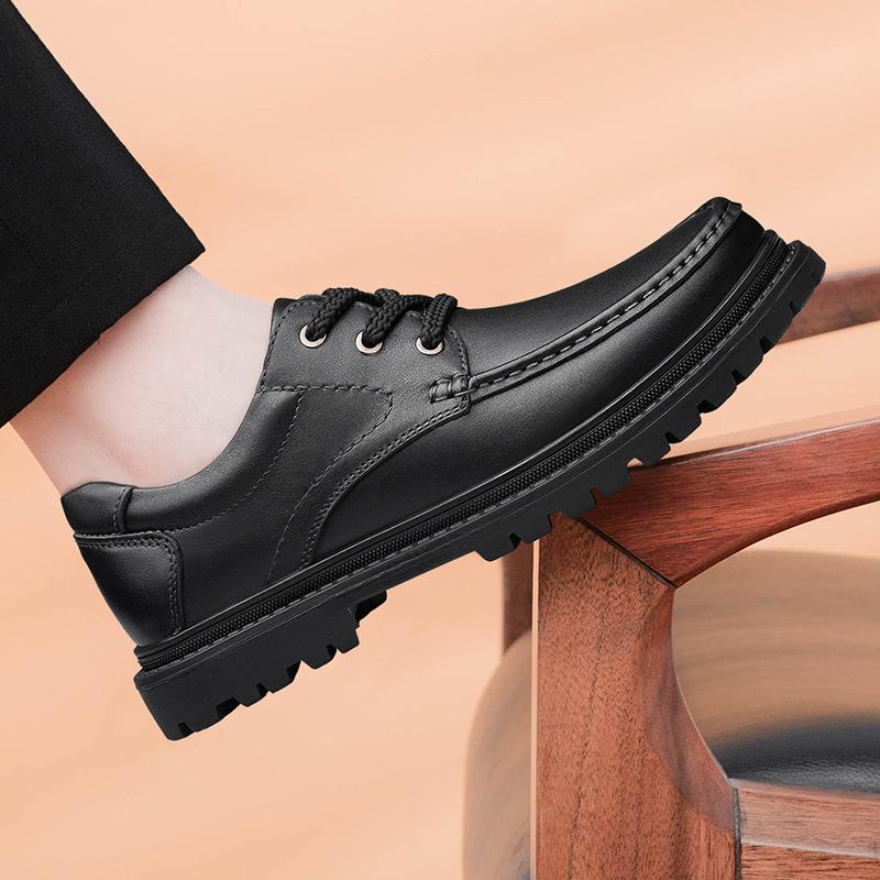 Men's round head cow two-layer leather shoes front lace-up breathable low-top shallow mouth casual men's work versatile men's shoes