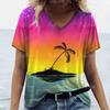 New Women T-shirt Cocoanut Tree Print Oversized Women's Trending Clothing Fashion Short Sleeve Shirt Women V-Neck Blouse 2024