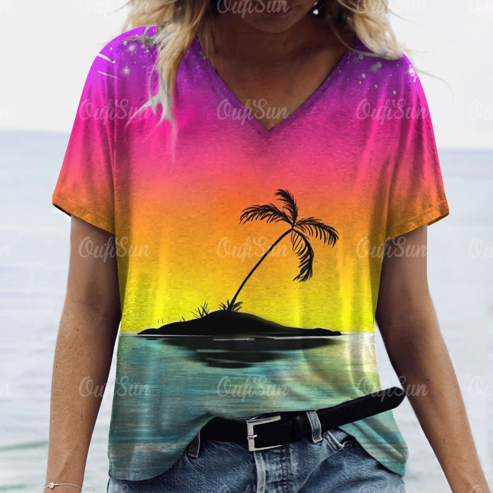 New Women T-shirt Cocoanut Tree Print Oversized Women's Trending Clothing Fashion Short Sleeve Shirt Women V-Neck Blouse 2024
