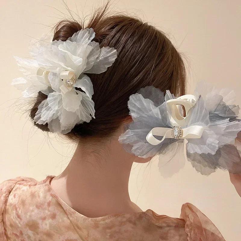 Women Fashion Diamond Inlaid Fairy Gauze Bow Acrylic Hair Clip Korean Cute Temperament Hair Accessories Girl Heart Accessory