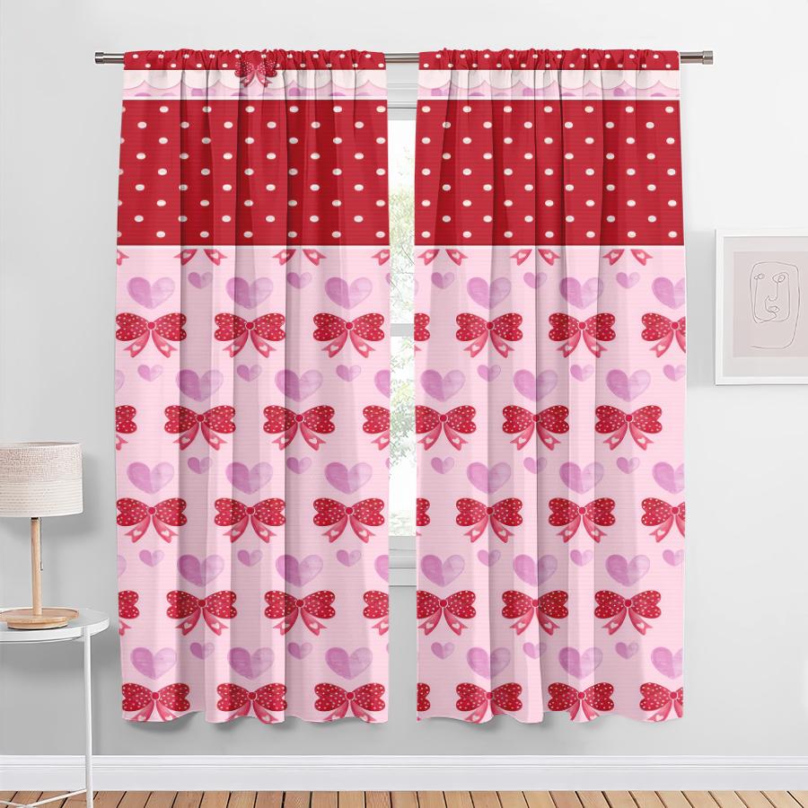 Set Of 2 Red White Polka Dot Bow Heart Curtain Sweet Retro Style Living Room Bedroom Decorative Drawbar Pockets For Area Made Polyester
