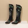 Cowgirl Westernstiefel Damen Stickerei Cowboy Stiefel für weite Wade 2024 Klobige Mittelhohe Absätze Schuhe 4 Jahreszeiten Reißverschluss PU Schuhe