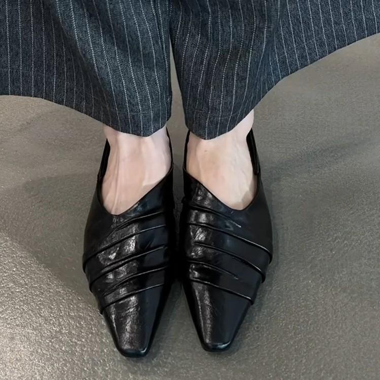 Sheepskin version~ New design wrinkled leather small square head single shoes one pedal commuting wear flat-soled small leather shoes
