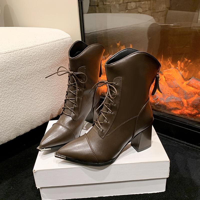 Autumn Winter Women Boots Fashion Square High Heel Shoes Elegant Lace Up White Ankle Boots Black Party Office Shoes Woman 34-43