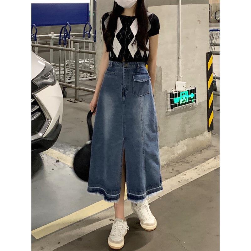 2023 High-Waist Korean Denim Skirt with Slim, Loose Fit and Cross Split Design