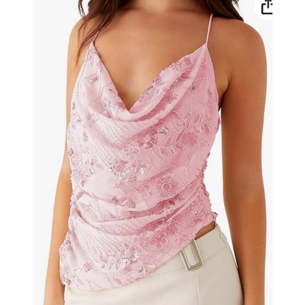 Women's Sleeveless Slim Fit Crop Top Floral Beaded Backless Tie Strappy Cami