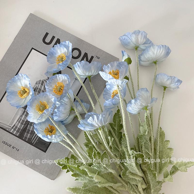 Blue Iceland Poppy Silk Flower Bouquet for Living Room Decoration