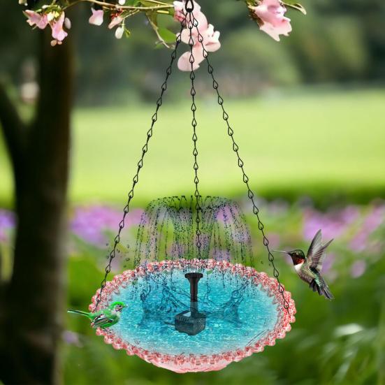 Solar Cascade Bird Bath Fountain Solar-Powered Fountain Hanging Bird Bath Outdoor Birdbath Attracts Wild Birds for Garden Backyard Decor blu
