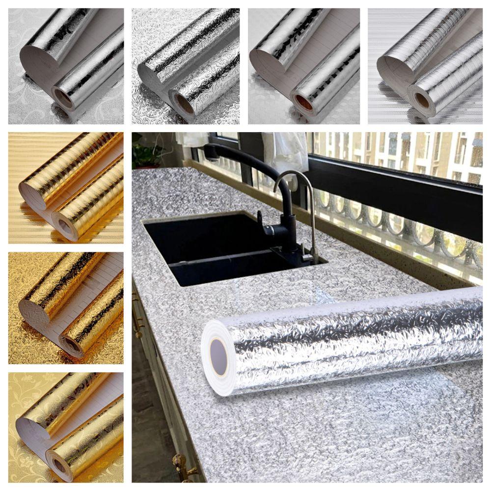 

DIY Kitchen Oil-proof Sticker PVC Cabinet Wallpaper Self-adhesive Kitchen Wallpaper TV Background Style 1-Silver