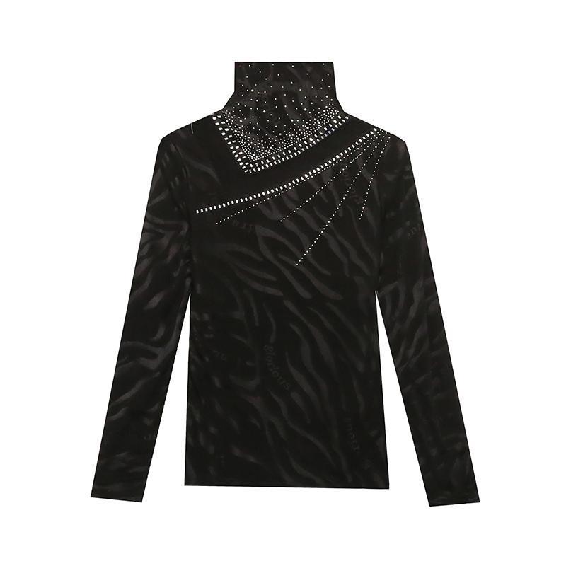 Spring Autumn Classic Women Turtleneck Long Sleeved T-Shirt Fashion Sexy Hot Diamonds Tees Elastic Slim Girl Tops Blouse