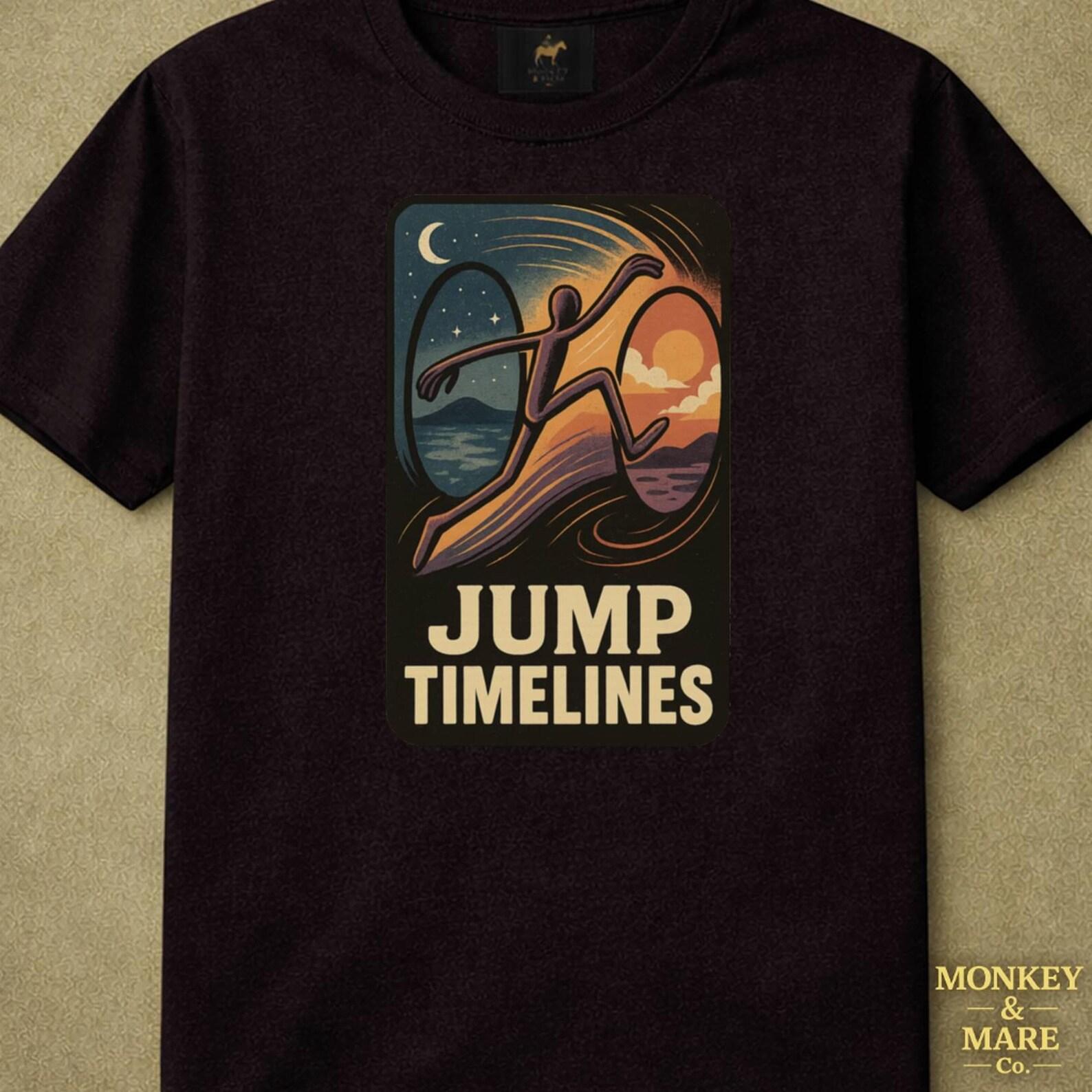 Leaping Humanoid Figure Shirt, Jump Timelines, Psychedelic Surreal Graphic Tee For Dreamers 3XL