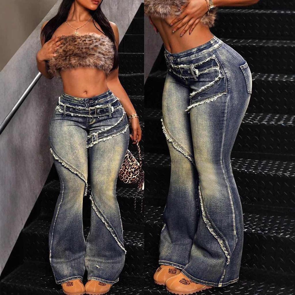 VIONA Vintage Ripped Flared Denim Jeans for Woman Cotton Mid Waist Long Y2K Streetwear Bell Bottom Pants