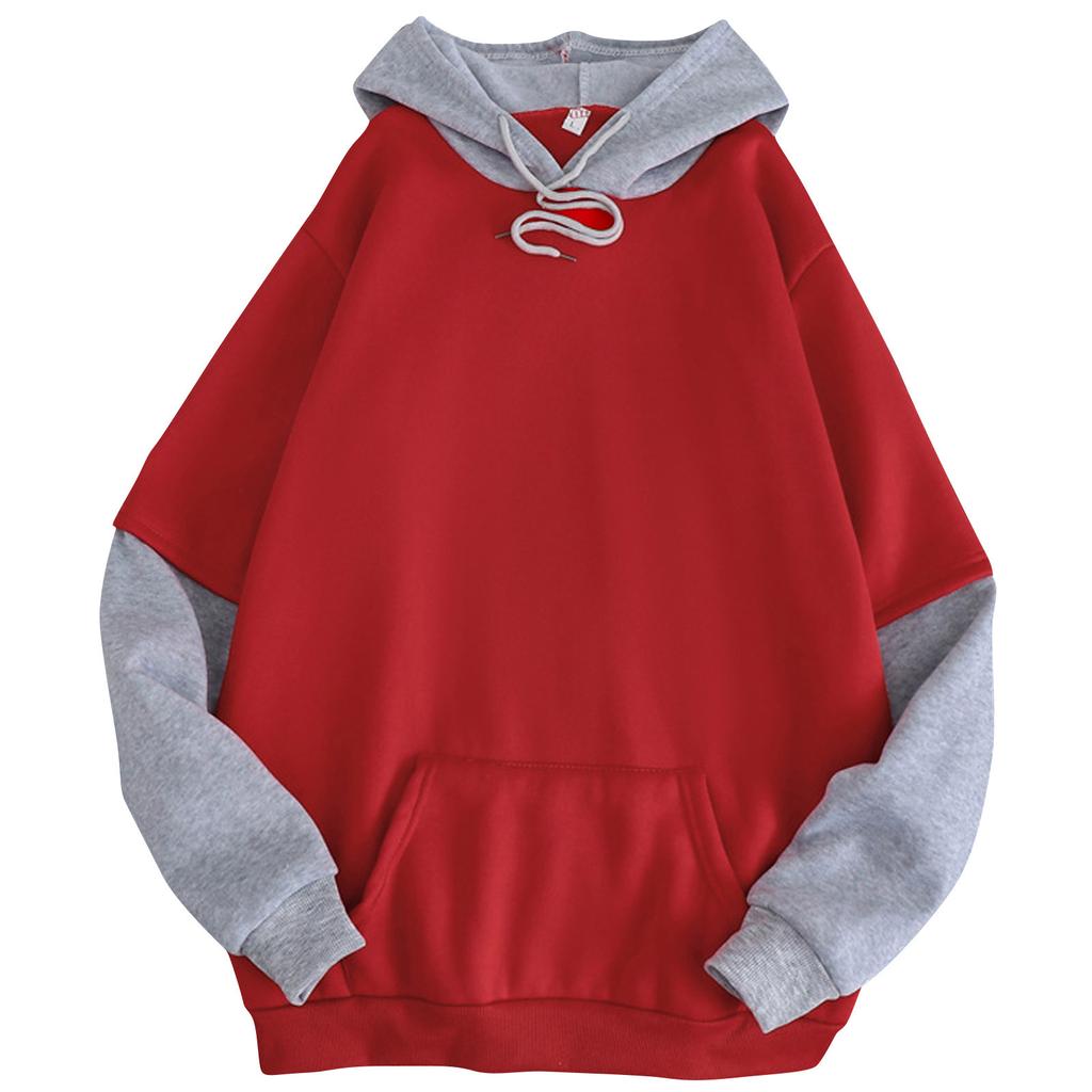 Women Casual Solid Long Sleeve Splited Patchwork Hoodie Sweatshirt Pullover Top