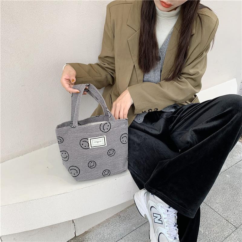 Vintage Corduroy Polka Dot Tote Bag For Women Soft Handle Cute Lunch Bag