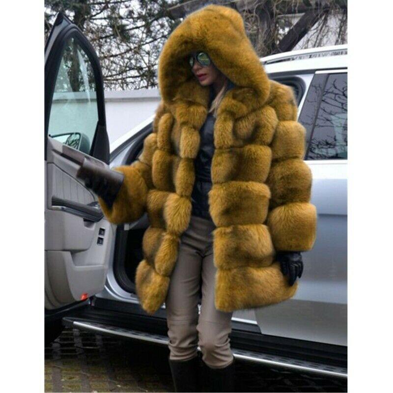 Winter Womens Faux Fur Coats Cozy Jacket Hooded Thicken Coat Overcoat Outwear