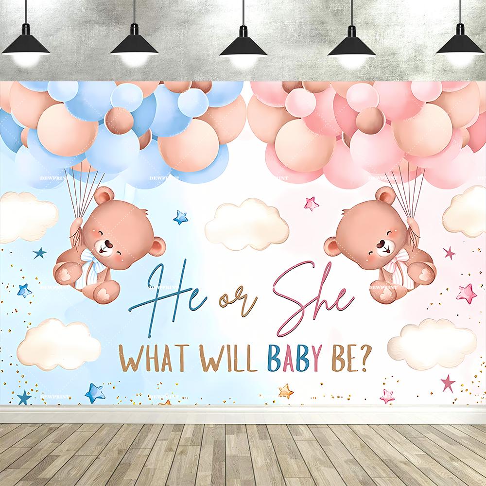 Dewprint Gender Reveal Backdrop Pink or Blue Baby Shower Decoration Banner Pink Blue Clouds Stars Balloons Photography Prop