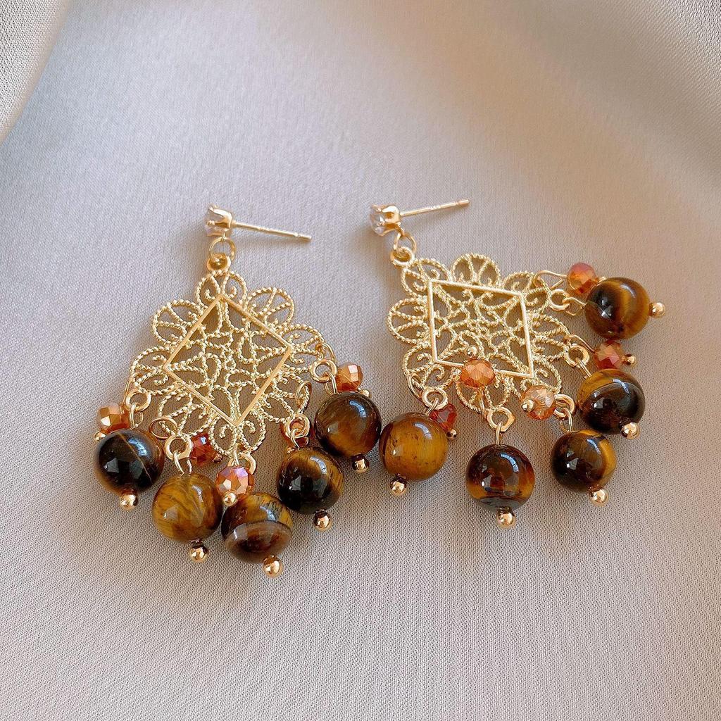 Geometric Tiger's Eye Stud Earrings, Retro Millard Style - Unique Design with Silver Needle 