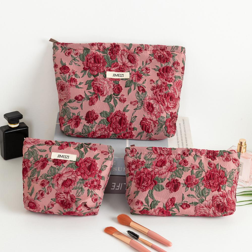 1pc Vintage Red Rose Makeup Bag Rose Pattern Makeup Bag Makeup Storage Bag Cute Daily Washing Bag