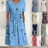 Spring and Summer Floral Print Crew Neck Pocket Women's Fashion Casual Crew Neck Trend Print Medium and Long Dress