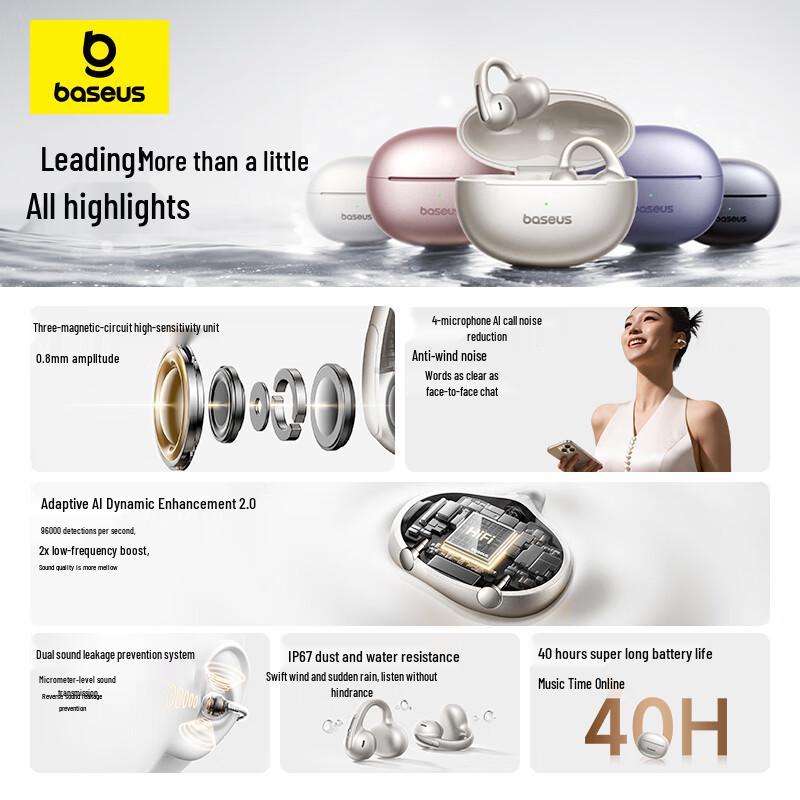 Baseus Fones de Ouvido Bluetooth MC1 Pro AI Clip-On de Ouvido Aberto