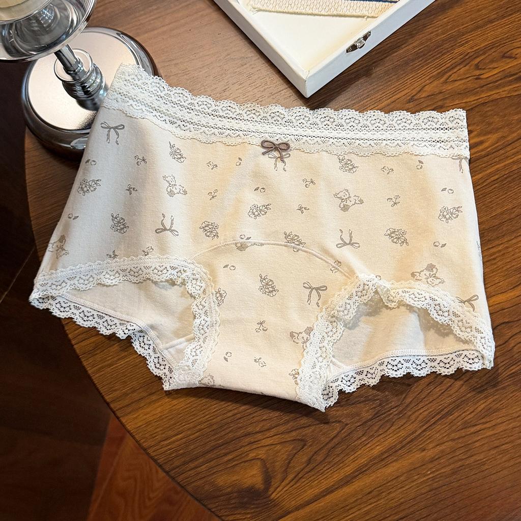 Ladies Summer Sweet Lace Edge 10A Antibacterial Cotton Extended Crotch Mid Waist Triangle Briefs