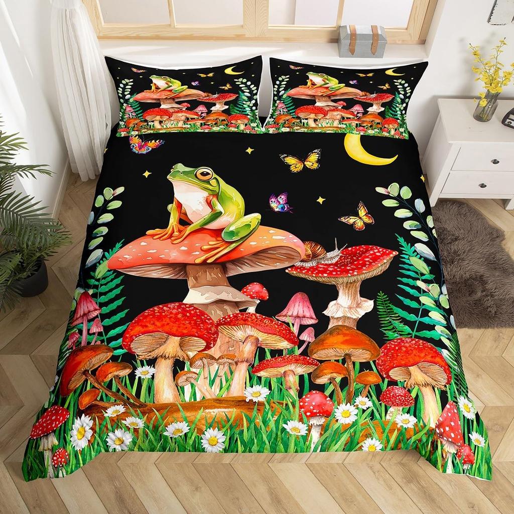 Kawaii Frog Print Duvet Cover Frog Mushrooms Comforter Cover Botanical Mushroom Twin Queen Bedding Set For Girl Teen Room Decor