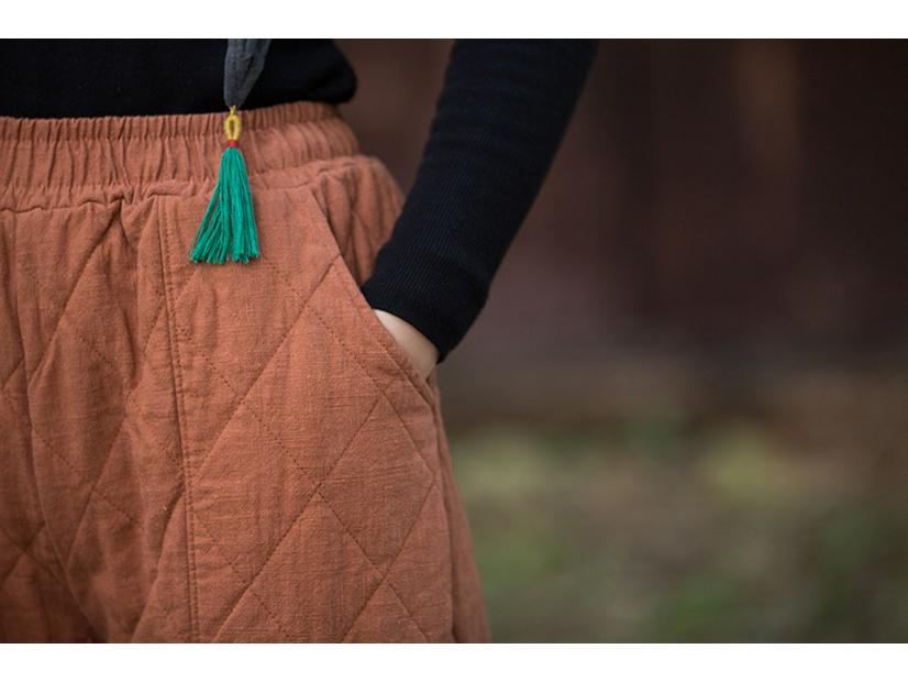 2025 Winter Women's Retro Quilted Diamond Pattern Lantern Pants - Thick Warm Cotton Linen